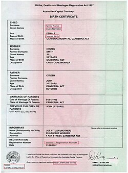 An Australian Capital Territory birth certificate