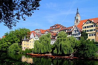 Tübingen, Neckarfront with the St. George's Collegiate Church (top right) and Hölderlinturm (bottom left)