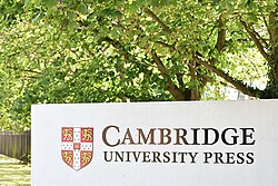 Cambridge University Press sign at the Cambridge headquarters