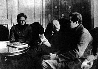 Krupskaya, Vladimir Lenin, Lenin's cat, and American journalist Lincoln Eyre in the Kremlin, 1920