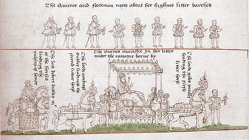 Queen Elizabeth I carried from her Coronation in a horse-borne litter, 15 January 1559