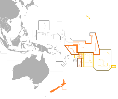 Outline of sovereign (dark orange) and dependent islands (bright orange)