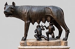 Photograph of the sculpture Capitoline Wolf showing of the mythical she-wolf feeding the twins Romulus and Remus