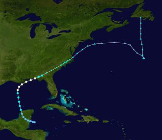 Map plotting the storm's track and intensity, according to the Saffir–Simpson scale