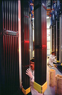 Nuclear fuel assemblies being inspected before entering a pressurized water reactor in the United States
