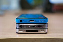 Bottom angle comparison between iPhone 5c (top), iPhone 5s (middle), and iPhone 4s (bottom)