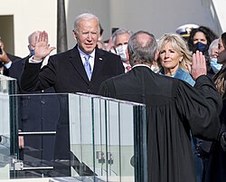 On January 20, Biden entered office amid the COVID-19 pandemic, an economic crisis, and increased political polarization[122]