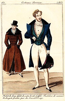 Dandies of 1831, one wearing a Polish frock with hood and Brandenbourg fastenings, design elements later used for the Royal Navy Duffel coat