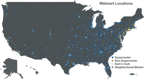 Map of Walmart locations in the United States, as of January 2025