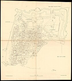 Detailed map of the Old City of Acre from 1929, showing all the individual buildings.