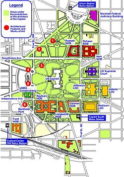 Map of the Capitol complex, with the Dirksen Building in red in the upper right.