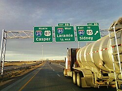 A tank trailer on Interstate 25 at Interstate 80 in Cheyenne, Wyoming