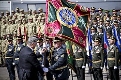 President Petro Poroshenko presents the colour to the State Border Guard Service of Ukraine at the 2017 Independence Day Parade, Kyiv
