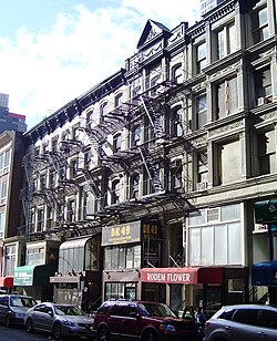 These buildings (47–55 West 28th Street) and others on West 28th Street between Sixth Avenue and Broadway in Manhattan housed the sheet-music publishers that were the center of American popular music in the early 20th century. The buildings shown were designated as historic landmarks in 2019. Taken in 2011.