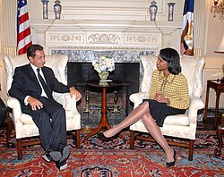 Sarkozy as Minister of the Interior with U.S. Secretary of State Condoleezza Rice, after their bilateral meeting in Washington, D.C., 12 September 2006