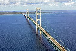 The Mackinac Bridge, a suspension bridge spanning the Straits of Mackinac to connect the Upper and Lower peninsulas of Michigan