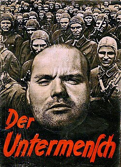Cover of the racist booklet "Der Untermensch" published by SS in 1942. 4 million copies of the brochure were printed by Nazi Germany and distributed across occupied territories. The pamphlet depicted the Slavic and Jewish inhabitants of Eastern Europe as primitive people.[209]