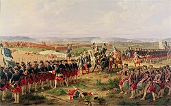 The colonels of the French Guards and British guards politely discussing who should fire first at the Battle of Fontenoy (1745).[21] An example of "lace war".
