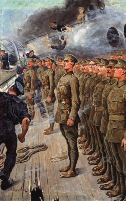 Troops parade while awaiting evacuation from Tyndareus, an oil painting by Stanley Llewellyn Wood (1866–1928).