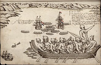 A drawing from Abel Tasman's travel journal of the first encounter between Europeans and Māori, in 1642