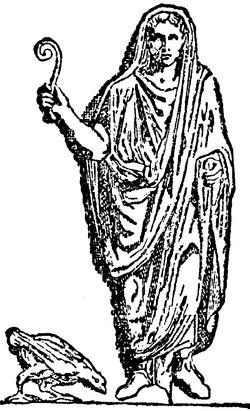 Modern depiction of an augur with sacred chicken; he holds a lituus, the curved wand often used as a symbol of augury on Roman coins