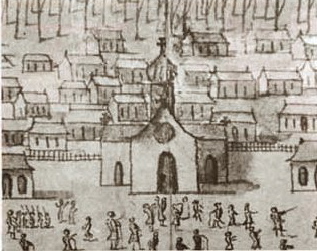 Detail of 1726 sketch that shows St. Louis Church, site of the future St. Louis Cathedral