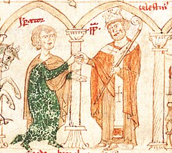 Henry and Pope Celestine, from Liber ad honorem Augusti by Peter of Eboli, 1196