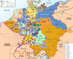 The Holy Roman Empire in 1789, showing its fractured makeup. The major exceptions were Prussia (darkest blue) and the Habsburg holdings (orange).