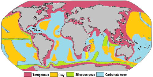 Distribution of sediment types on the seafloor Within each colored area, the type of material shown is what dominates, although other materials are also likely to be present.For further information about this diagram see below ↓