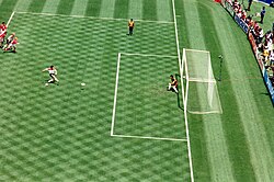 Lothar Matthäus scoring a penalty kick in Germany's quarterfinal against Bulgaria at Giants Stadium on July 10. Bulgaria came back to win the game.