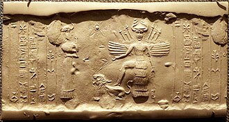 Ancient Akkadian cylinder seal depicting Inanna resting her foot on the back of a lion while Ninshubur stands in front of her paying obeisance, c. 2334–2154 BCE[97]