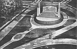 An early concept drawing of the memorial and the Alexander Graham Bell Gardens, c. 1909.