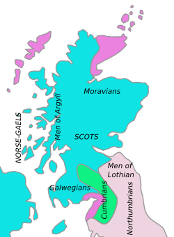 Linguistic division in early 12th century Scotland. Norse-Gaelic zone, use of either or both languages English-speaking zone Cumbric may have survived in this zone