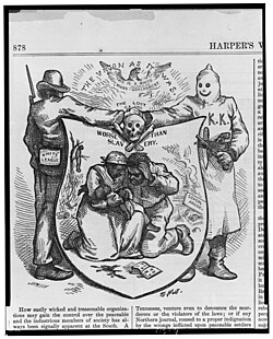 An October 24th, 1874 Harper's Magazine editorial cartoon by Thomas Nast denouncing KKK and White League murders of innocent Blacks
