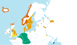 The approximate extent of Old Norse and related languages in the early 10th century: Other Germanic languages with which Old Norse still retained some mutual intelligibility