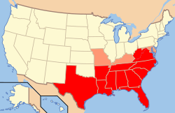 map of United States with southeastern states highlighted in shades of red
