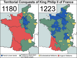Territorial development under King Philip II between 1180 and 1223