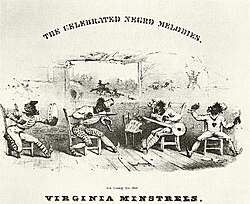 The blackface Virginia Minstrels in 1843, featuring tambourine, fiddle, banjo, and bones