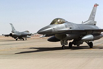 Two U.S. fighter jets departing Prince Sultan Air Base in Saudi Arabia in 2000, during Operation Southern Watch