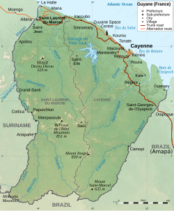 Geographic map of French Guiana in 2009. Note: this map does not show the international Oyapock River Bridge, which connects Saint-Georges-de-l'Oyapock (France) and Oiapoque (Brazil) and has been open to car traffic since March 2017. The new asphalted road between Saint-Laurent-du-Maroni and Apatou, which was completed in 2010, does not appear on the map either.