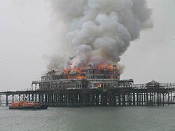 Fire on West Pier in Brighton, England