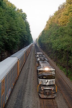 Two NS trains heading east along the Pittsburgh Line
