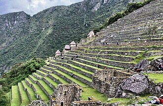 Stepped Inca agricultural terraces on a steep slope.