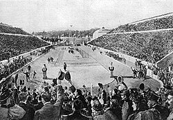 Spyridon Louis entering the Panathenaic Stadium at the end of the marathon; 1896 Summer Olympics