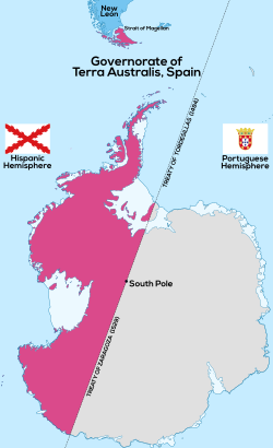 Map of the Spanish Governorate of Terra Australis (1539–1555),[12] the first territorial claim over the lands near the South Pole; later it was incorporated into the Governorate of Chile.[13][9][10]