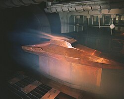 Full-scale model of the X-43 spaceplane in Langley Research Center's 8-foot (2 m) high temperature wind tunnel