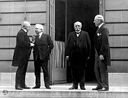The Council of Four (from left to right): David Lloyd George, Vittorio Emanuele Orlando, Georges Clemenceau, and Woodrow Wilson in Versailles, 1919