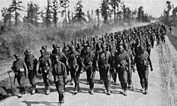 Russian troops going to the front: Support for the imperial guard being hurried into the fighting line