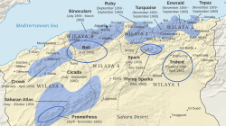 Map illustrating the division of Algerian territory into 6 wilayas drawn up during the Soummam Congress in 1956 and the various parts of the French Challe Plan (offensive operations) during the Algerian War