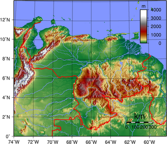A topographic map of Venezuela